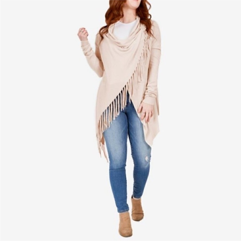 Lovestitch NWT Cream Fringe Poncho Sweater boho western wrap around sz small - Picture 5 of 11